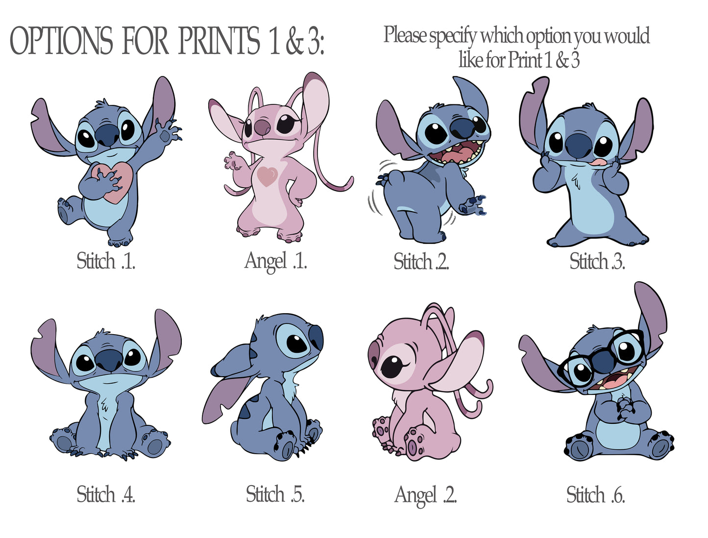 Set of cartoon characters labeled as Stitch and Angel with options for prints 1 and 3.