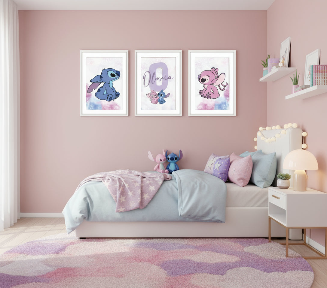 watercolour lilo and stitch art prints, girls bedroom lilac bedroom, Nursery room with framed illustrations of cartoon characters on a pink wall.