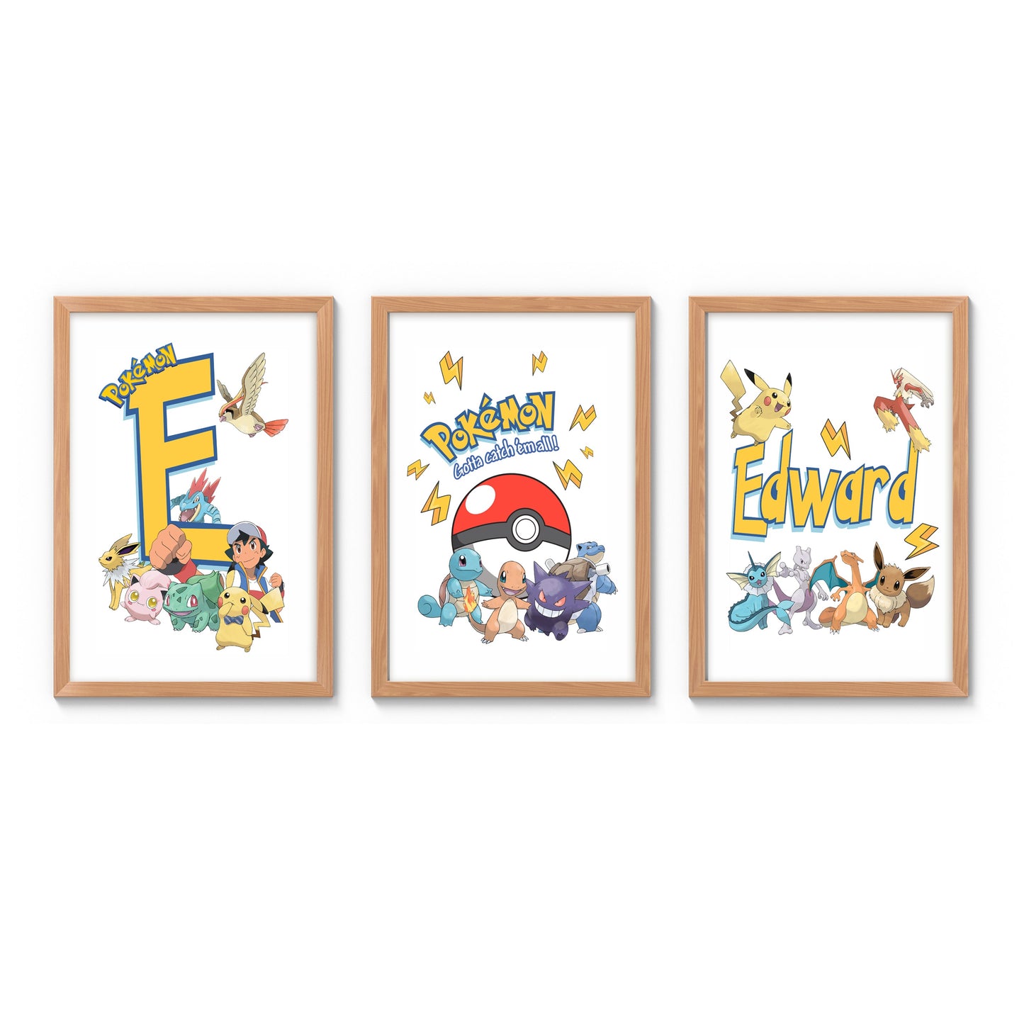 Three pokemon framed personalised prints featuring pokemon characters and text on a white background