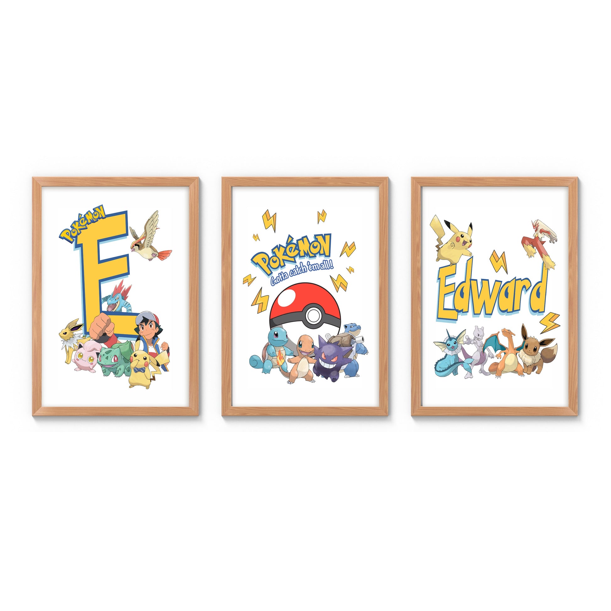 Three pokemon framed personalised prints featuring pokemon characters and text on a white background