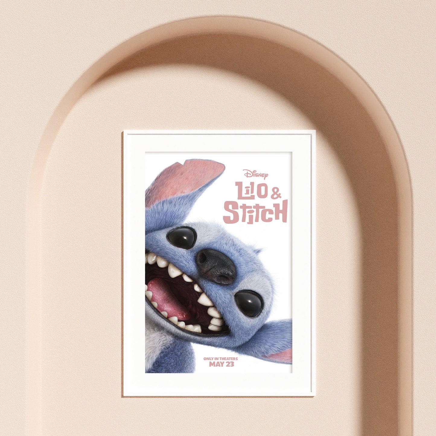 Framed Disney poster of Stitch with a beige archway background