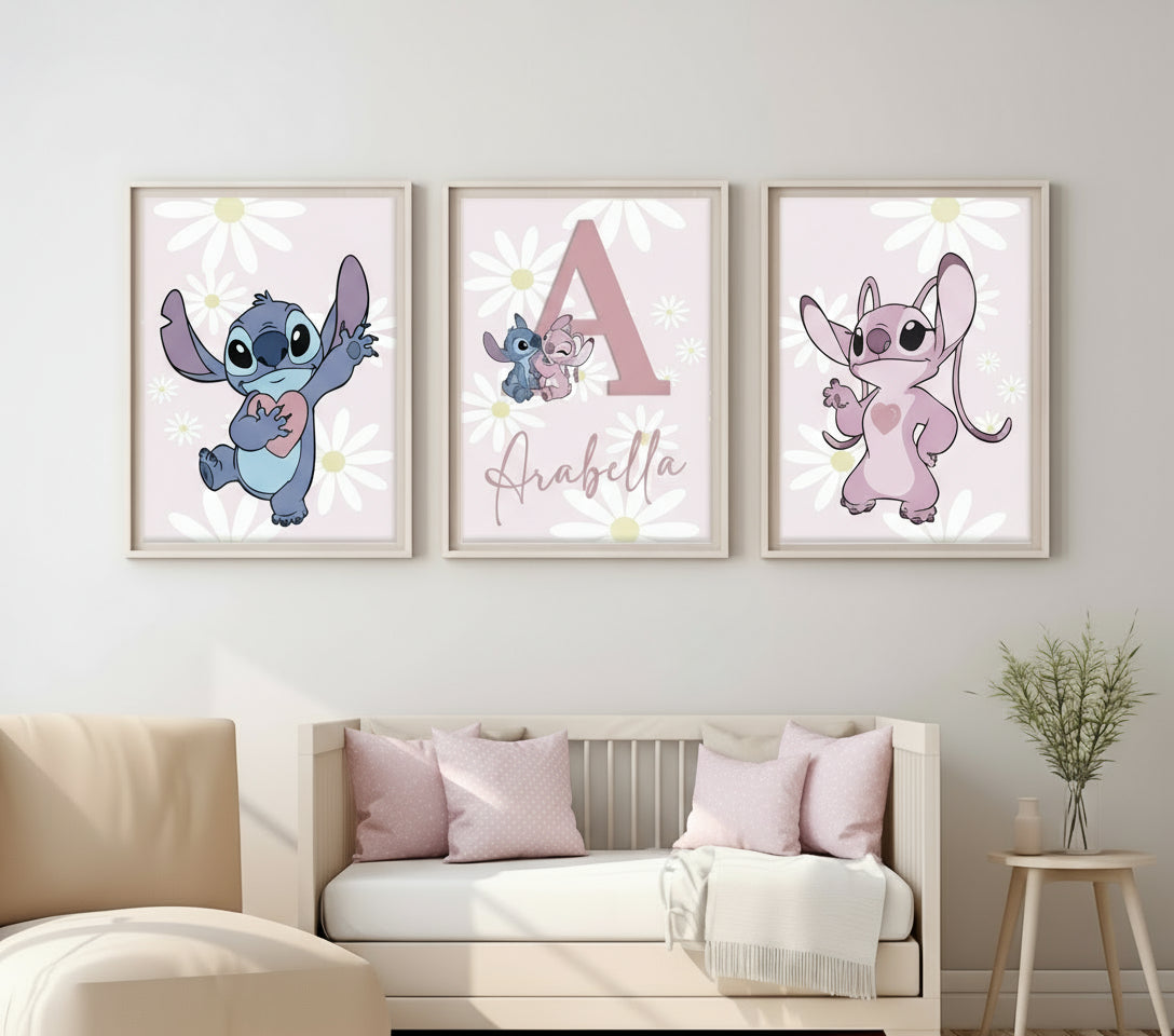 Three framed illustrations of Stitch and Angel cartoon characters on a wall above a bed. Wall Art For Sale