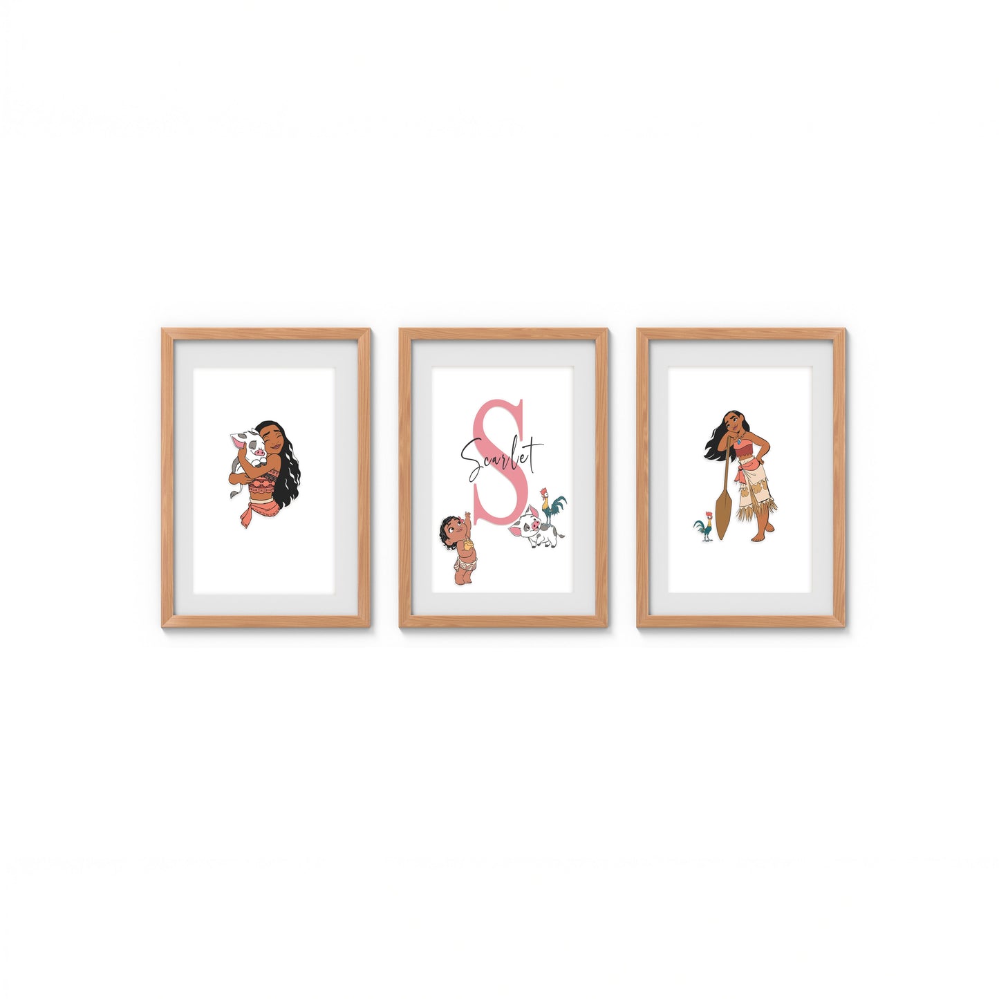 Three framed illustrations of moana personalised art prints on a white background