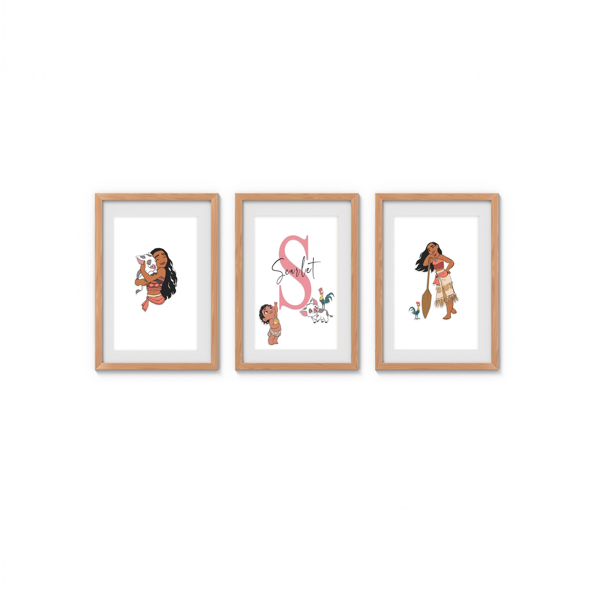 Three framed illustrations of moana personalised art prints on a white background