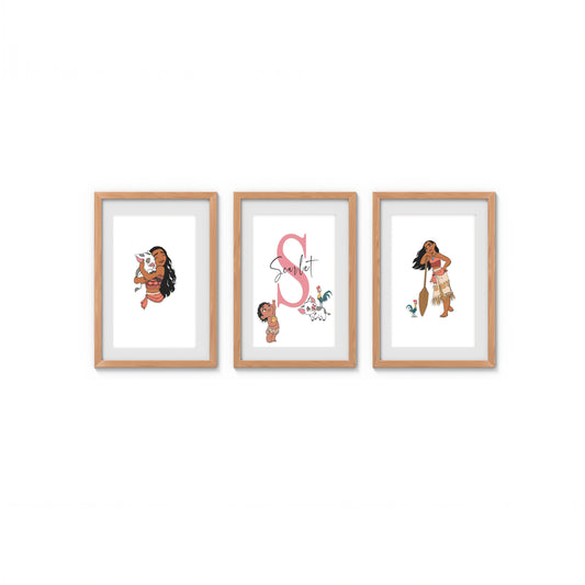 Three framed illustrations of moana personalised art prints on a white background