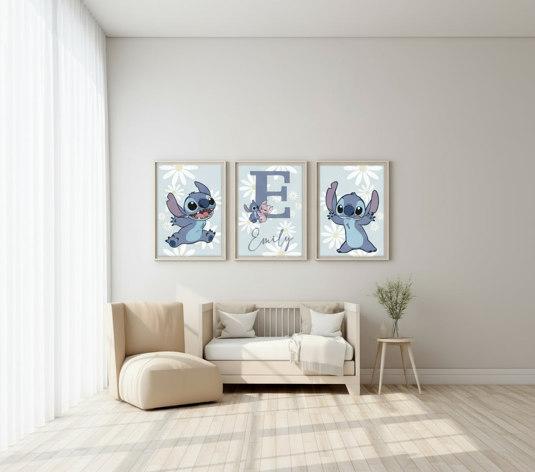 Three framed illustrations of Stitch and angel on a daisy flower background framed on a wall above a bed.