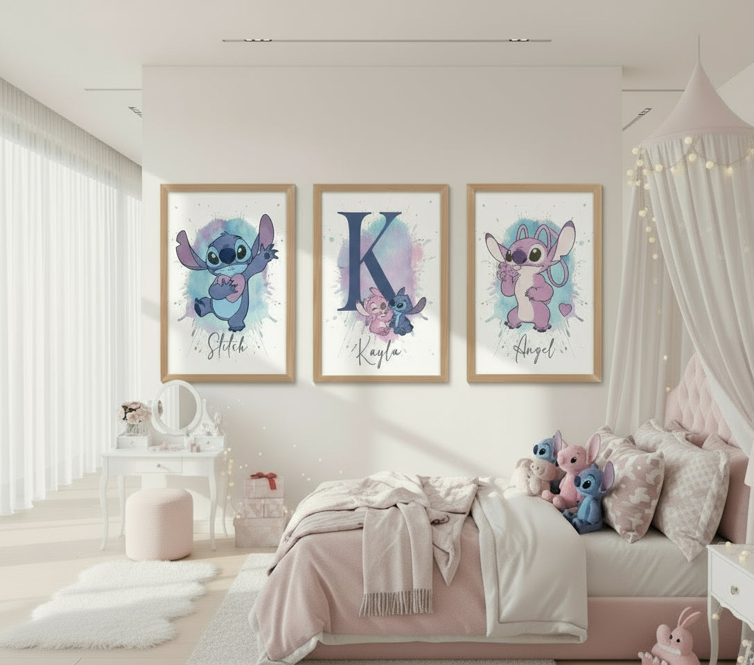 Three framed prints featuring cartoon characters lilo and stitch and angel with names on a white background.