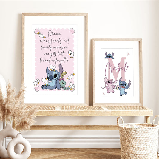 Two framed prints of lilo and stitch ohana pastel q on a wooden shelf with decorative items.ote art print