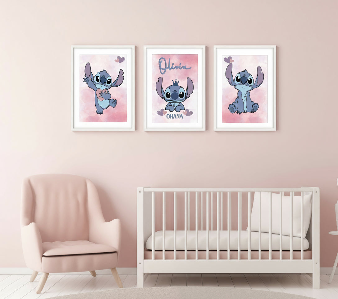 Nursery room with framed illustrations of cartoon characters of lilo and stitch personalised wall art on a pink wall.