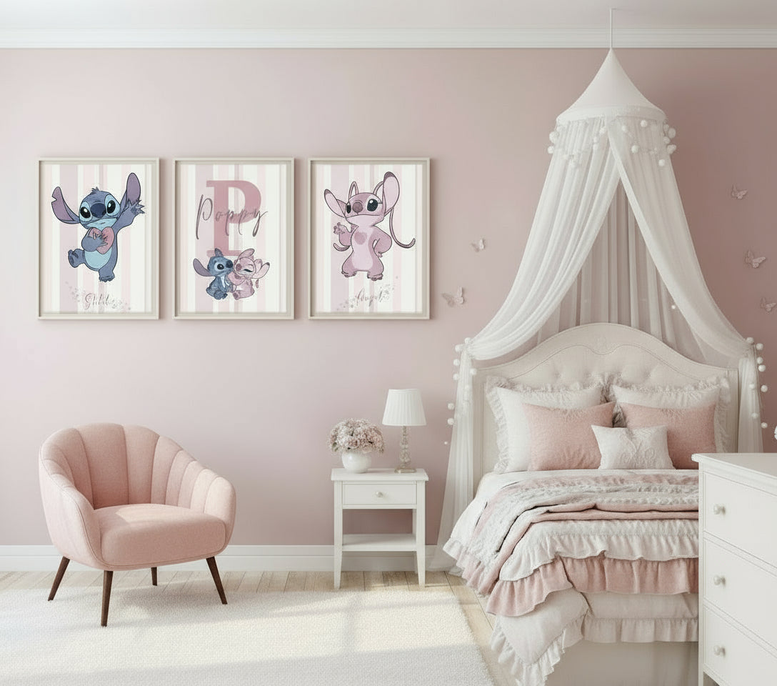 Three framed illustrations of cartoon characters stitch and angel on a wall above a bed. Lilo and Stitch Posters