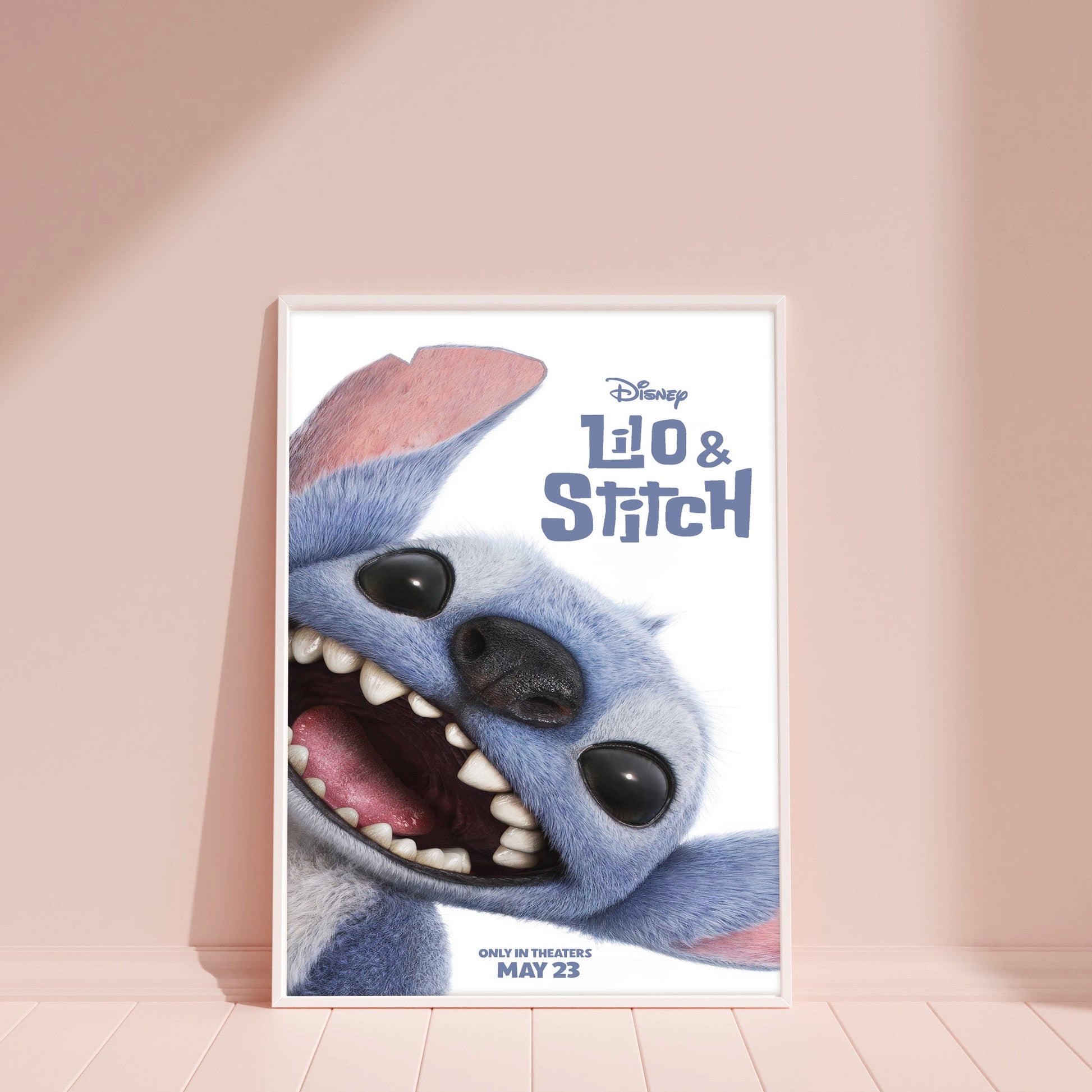 Poster of Stitch from Lilo & Stitch with Disney logo on a pink background