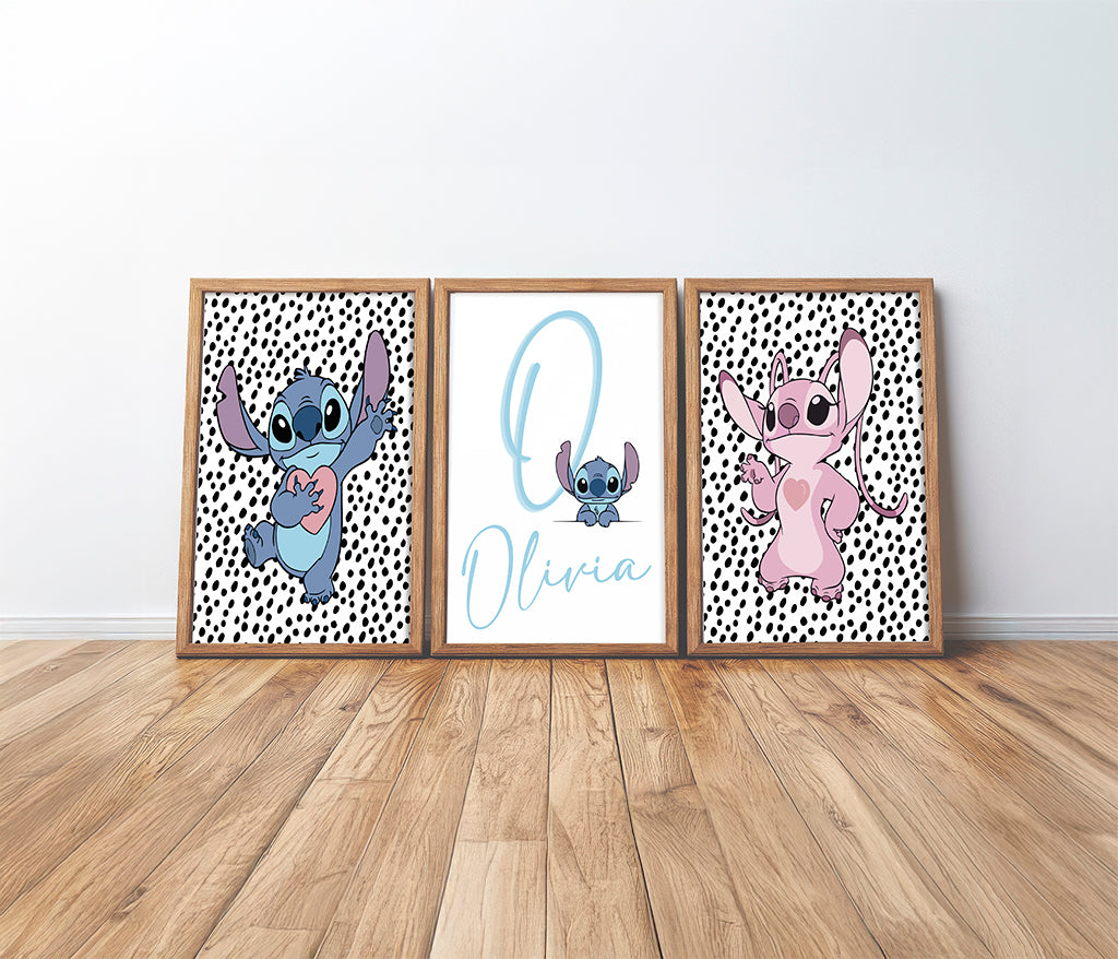 Three framed prints of lilo and stitch personalised dalmation spot art prints on a wooden floor with a white wall background.