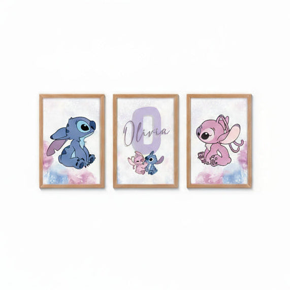 Three framed illustrations of Lilo and Stitch with personalised name print on a white background