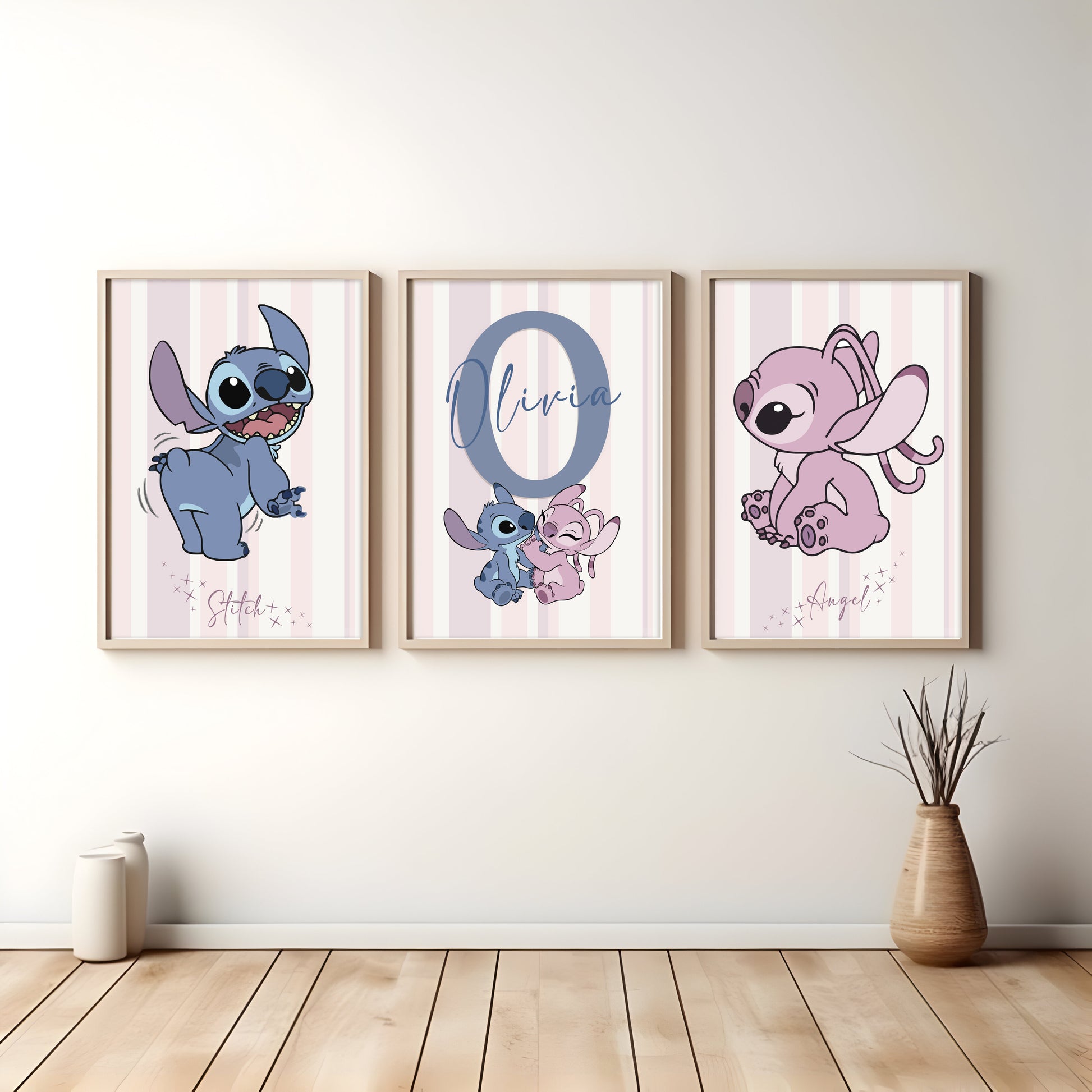Nursery room with a crib, plant, and framed artwork featuring a cartoon character stitch and angel with kids personalised name print