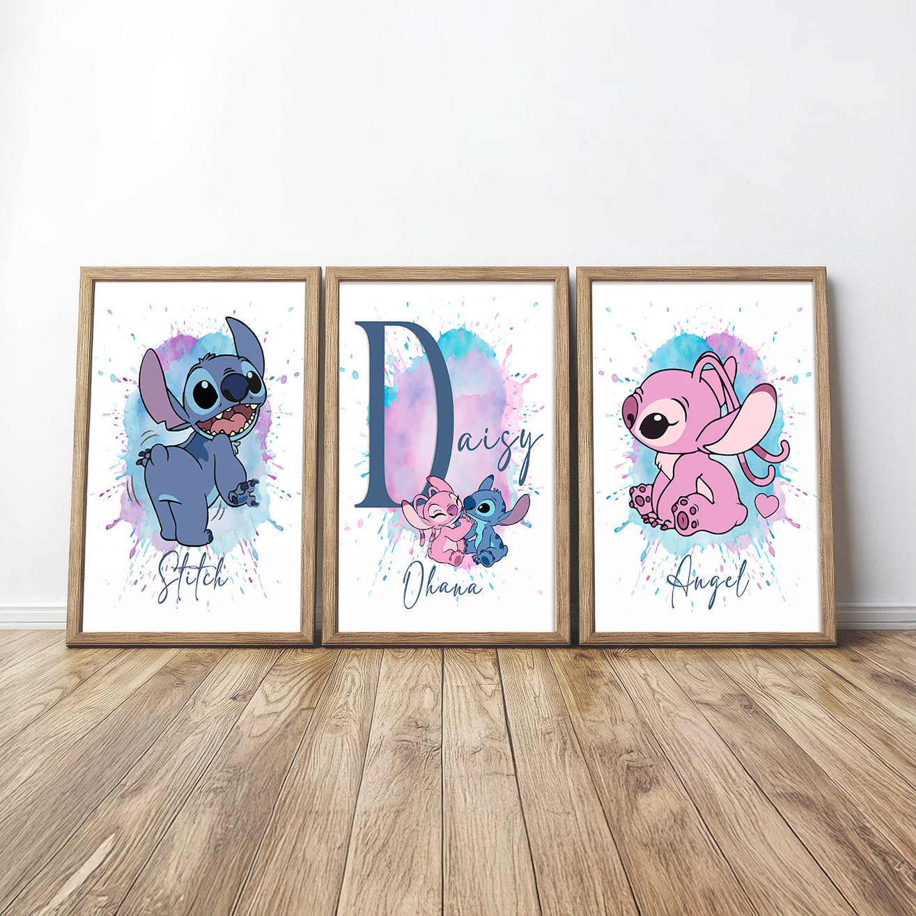 Three framed illustrations of lilo and stitch set of 3 personalised prints, framed on a wooden floor with a white wall background.