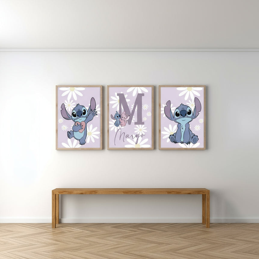 Three framed illustrations of Lilo and Stitch on a daisy background art print  on a wall above a wooden bench.