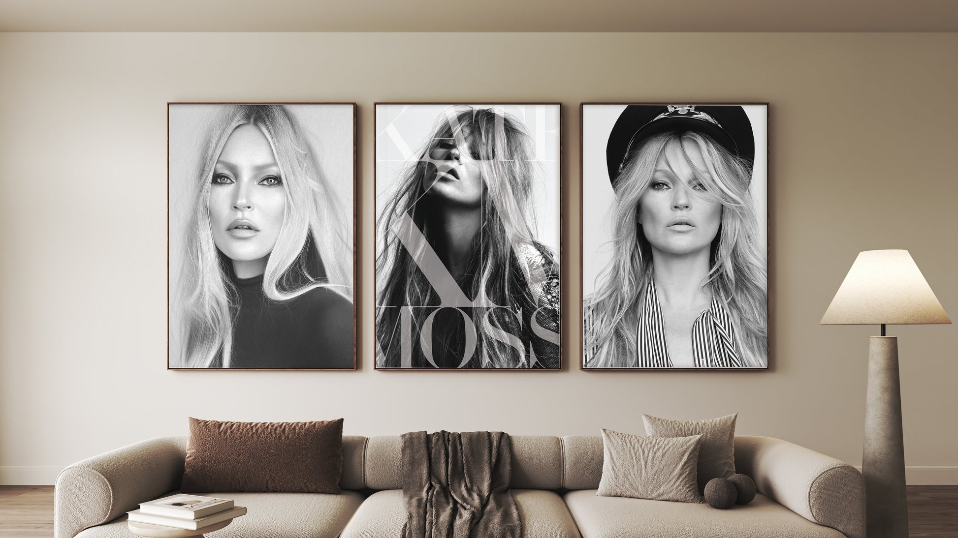 Kate MOss Gallery Wall Living room with a beige sofa and three framed black and white portraits on the wall.