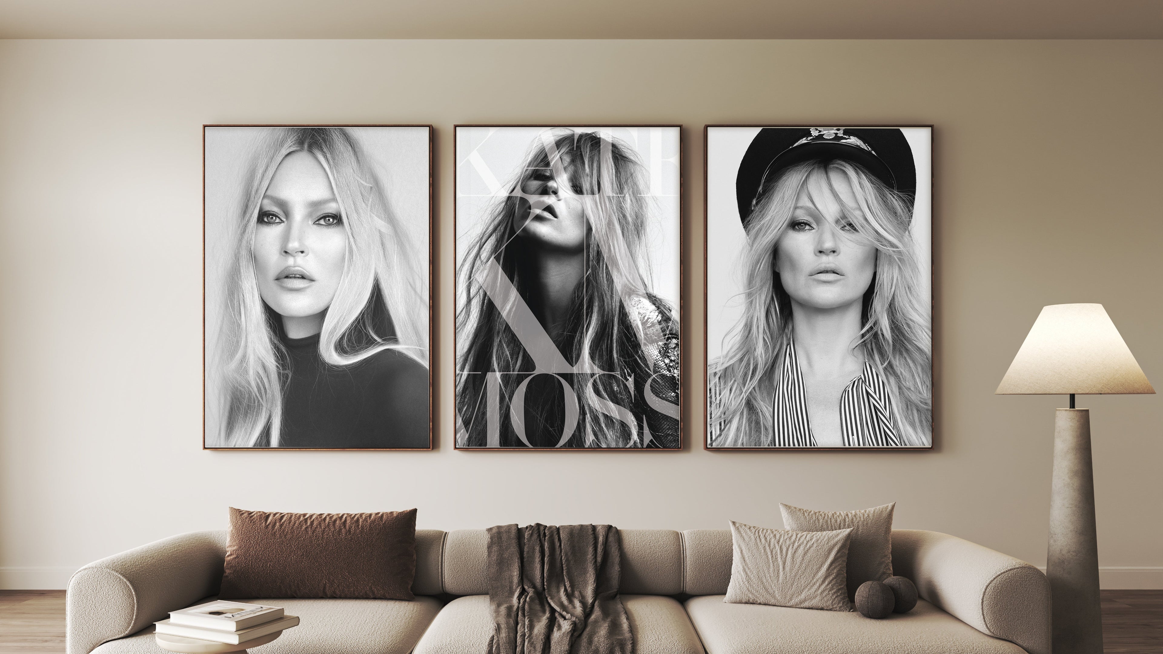 Kate MOss Gallery Wall Living room with a beige sofa and three framed black and white portraits on the wall.