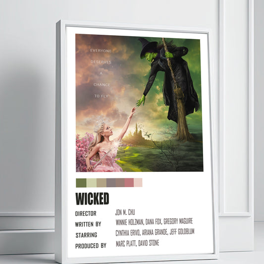 Framed 'Wicked' poster with colorful design on a white wall.